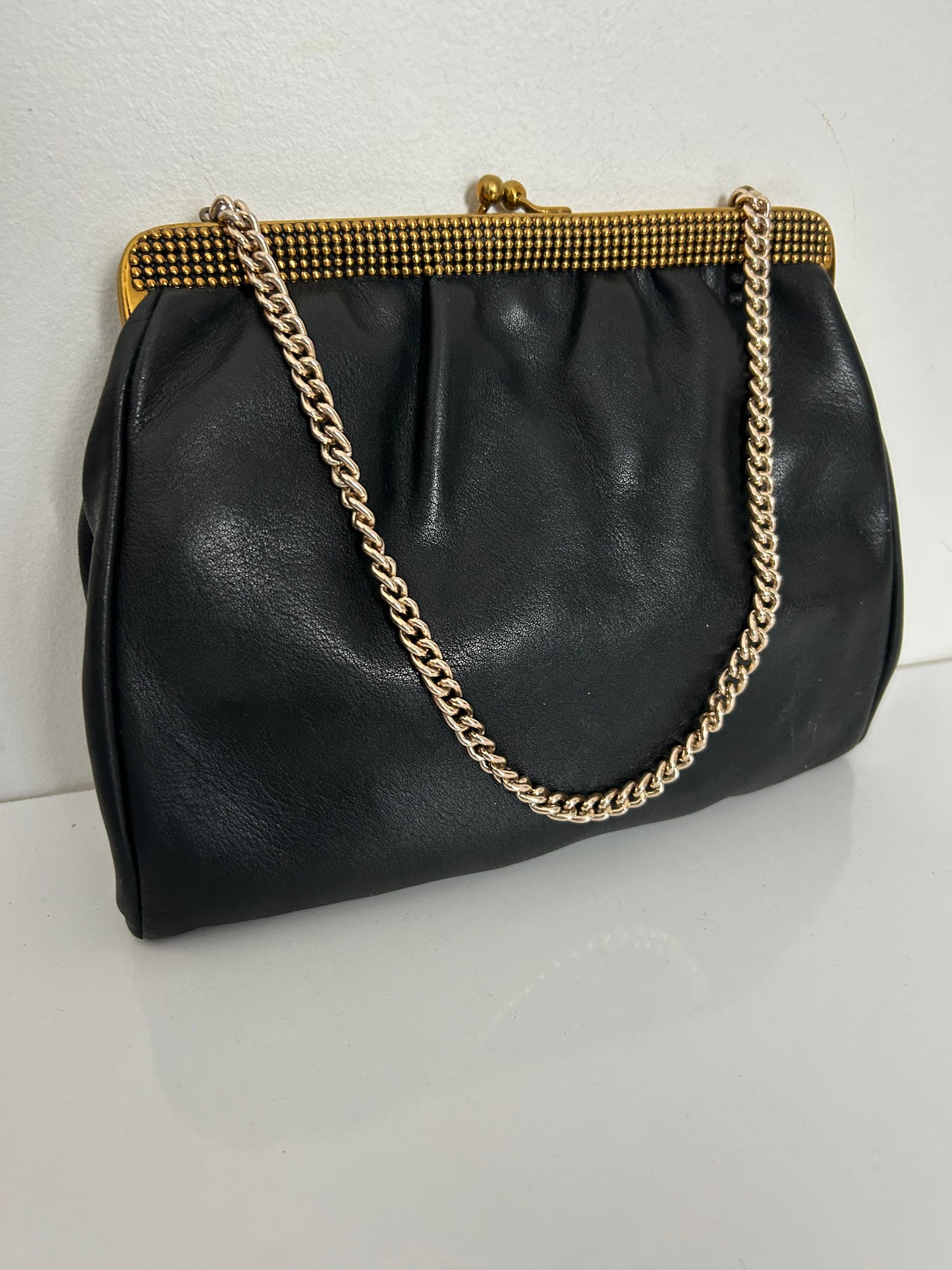 Vintage 1950s Black Leather Gold Tone Frame Chain Handle Evening Bag