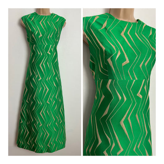 Vintage 1960s UK Size 8-10 Gorgeous Green & Metallic Gold Zig Zag Stripe Occasion Evening Midi Dress