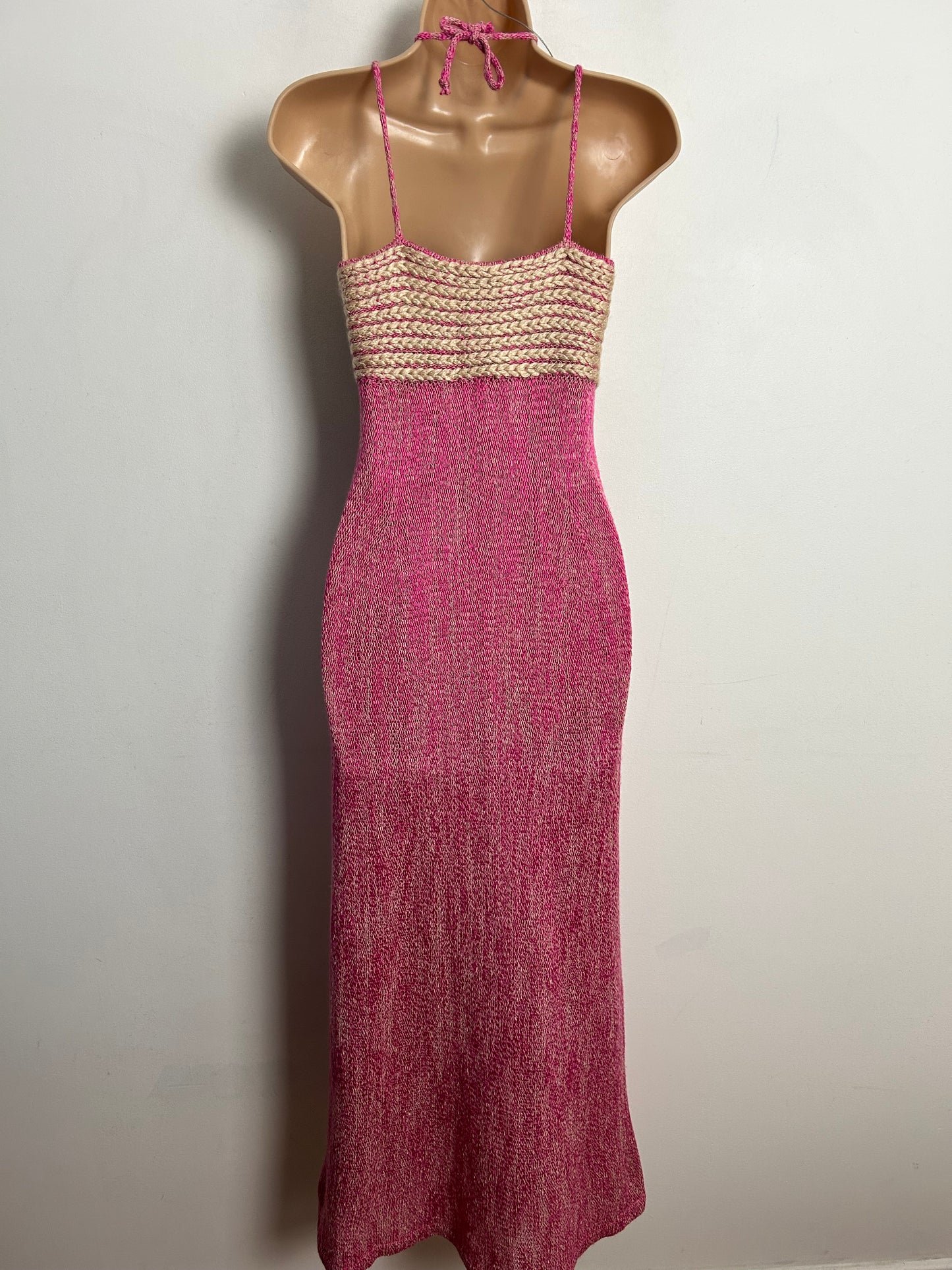 Vintage 1970s MARY FARRIN UK Size 8 Pink & Beige Strappy Lace Up Front Linen Mix Knitted Maxi Dress