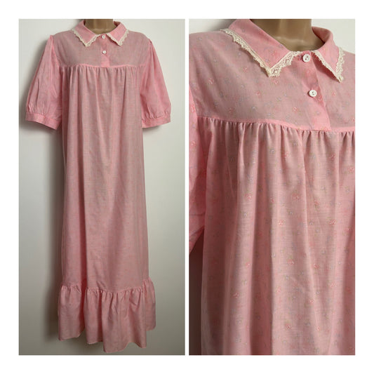 Vintage 1980s BHS Size 12-14 Pale Pink Floral Print Lace Trim Cotton Smock Style Nightie