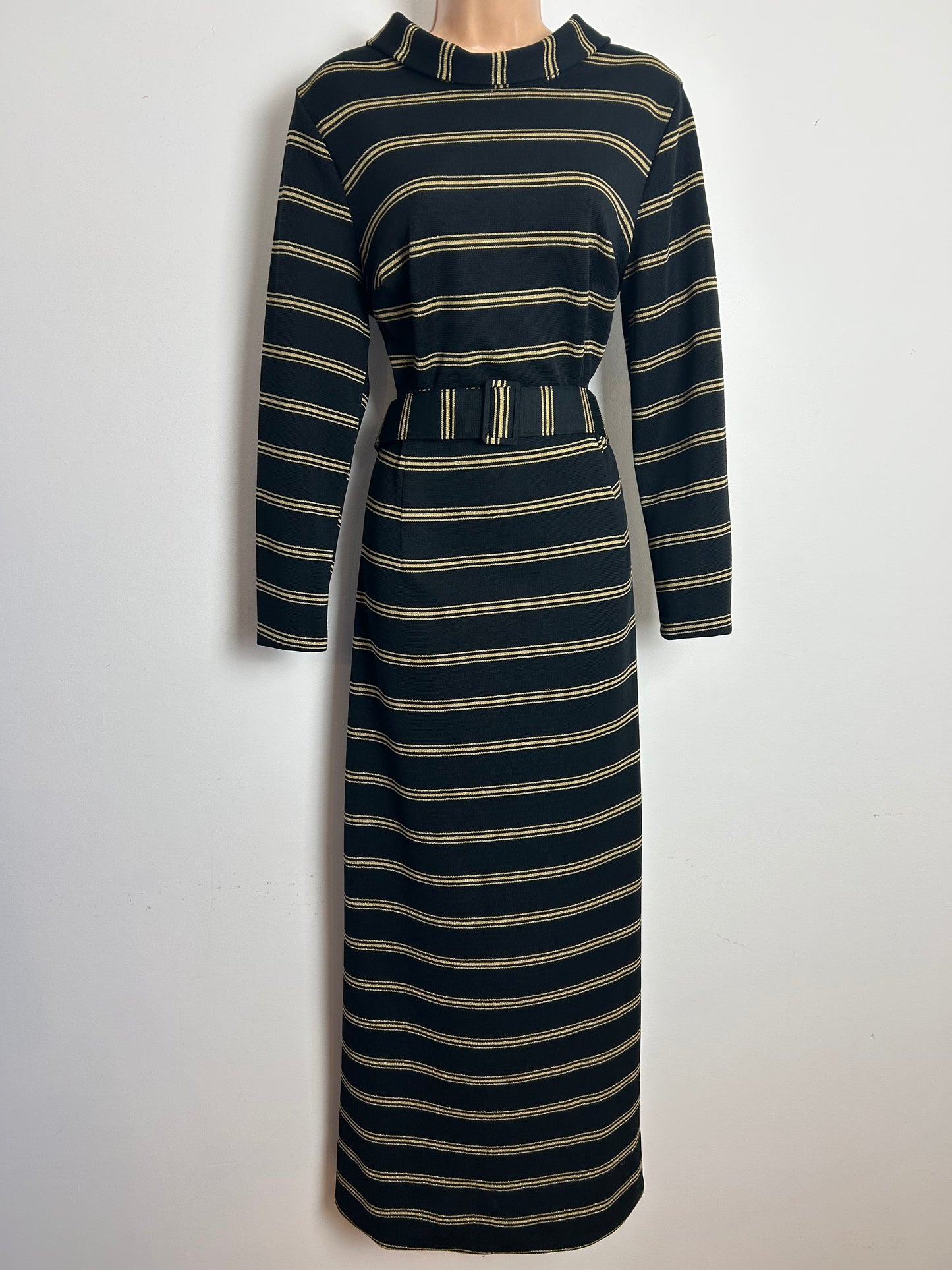 Vintage 1970s Size 14 Black & Metallic Gold Stripe Print Belted Evening Maxi Dress