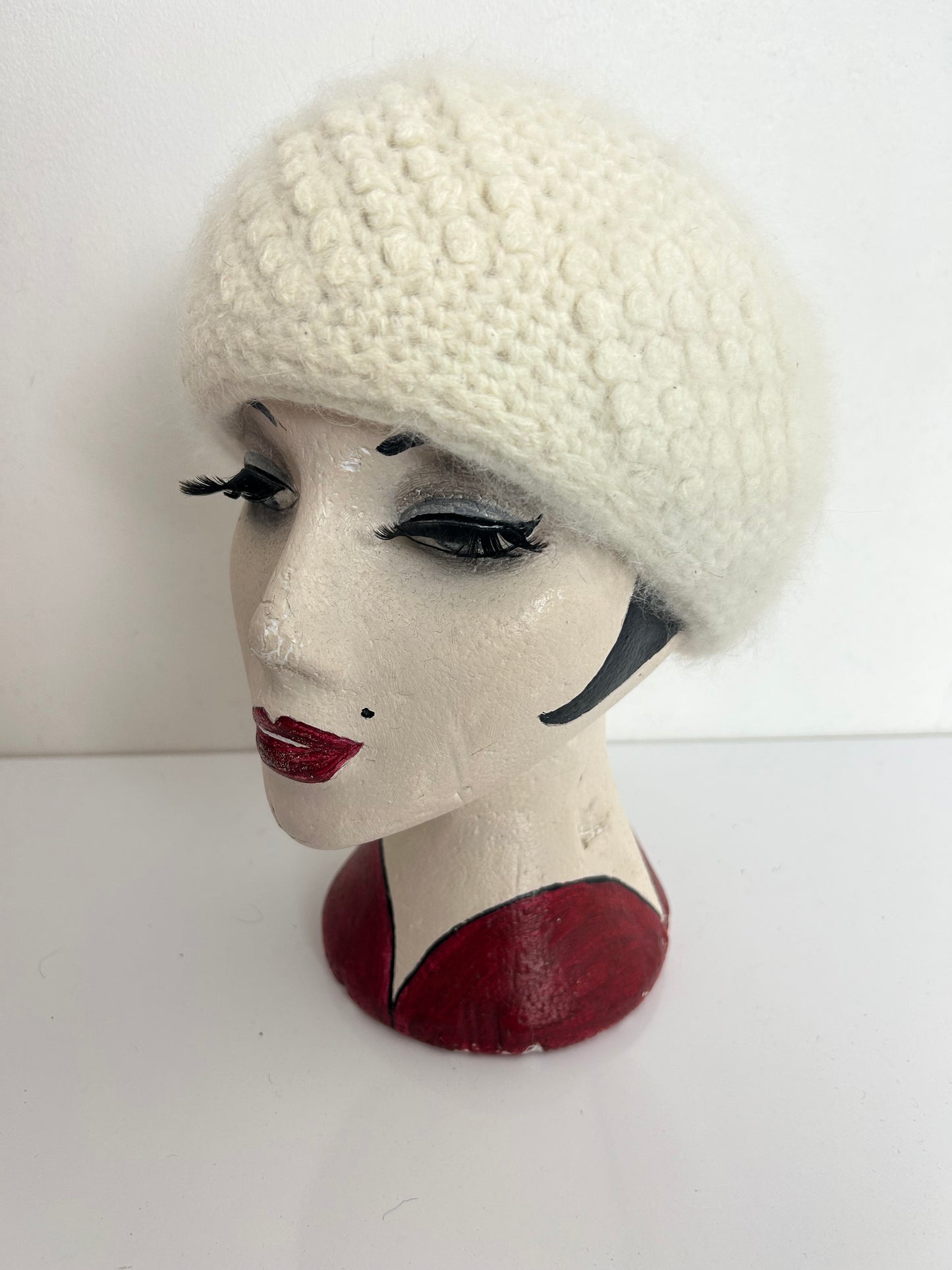 Vintage Winter White Angora & Wool Mix Beanie Winter Hat