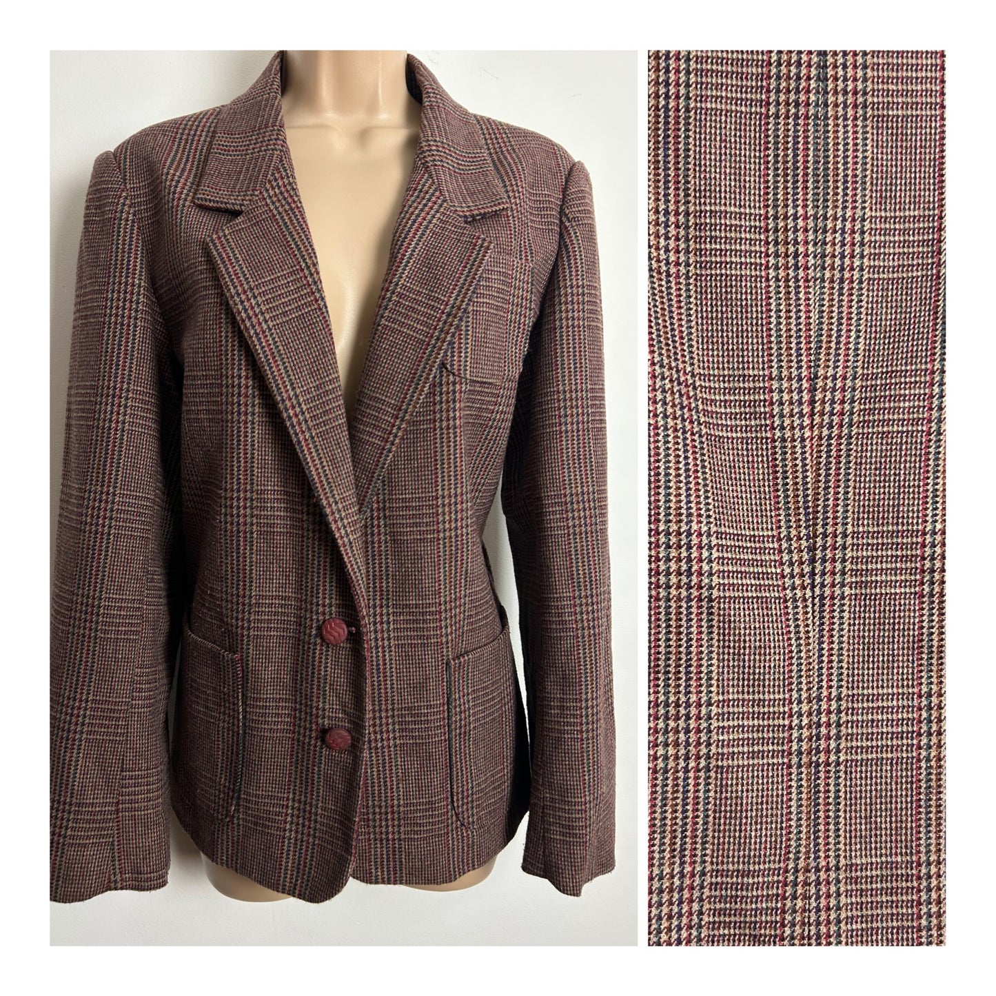 Vintage 1990s Size 14 Brown Tweed Check Wool Blend Blazer