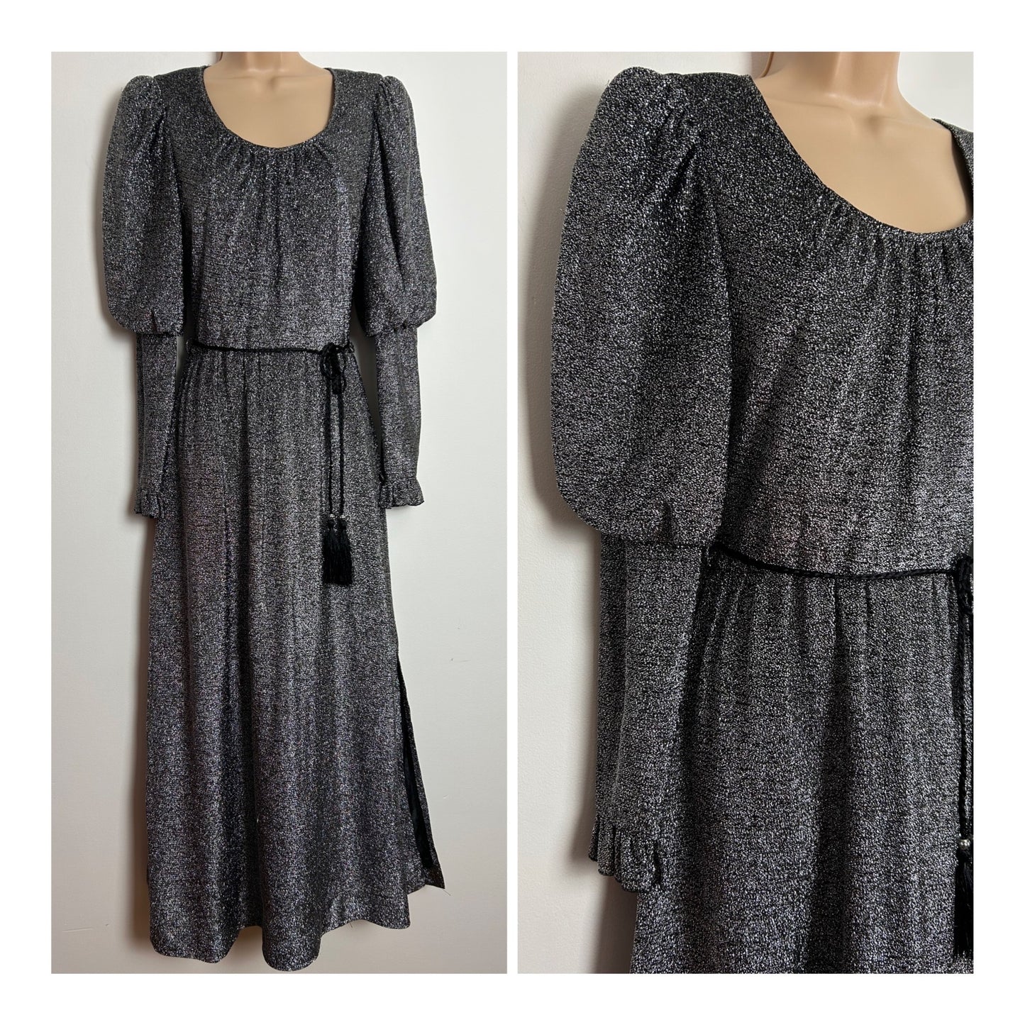 Vintage 1970s UK Size 8 Silver Glittery Lurex Long Juliet Sleeve Belted Party Evening Maxi Dress