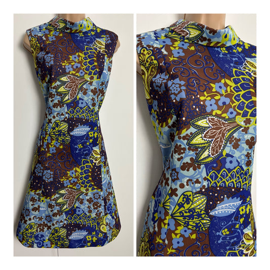 Vintage 1960s UK Size 12 Gorgeous Blue Brown & Green Abstract Floral Print Mod Shift Dress