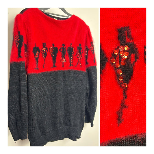 Vintage 1980s Size 12-14 Slouchy Fit Dark Grey & Red Angora Mix Figurine Pattern Jumper