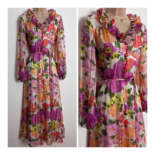 Vintage 1970s UK Size 6-8 Pretty White Purple Coral & Yellow Floral Print Ruffle Trim Belted Boho Maxi Dress