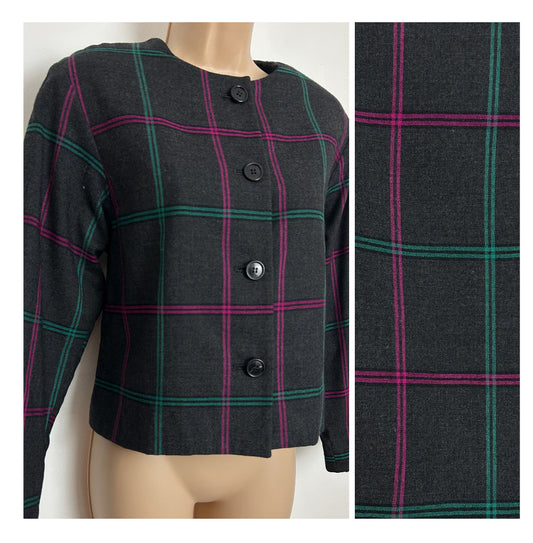 Vintage JIM BALDWIN MANCHESTER Size 10-12 Grey Pink  Green Check Wool Mix Collarless Short Length Jacket/Blazer