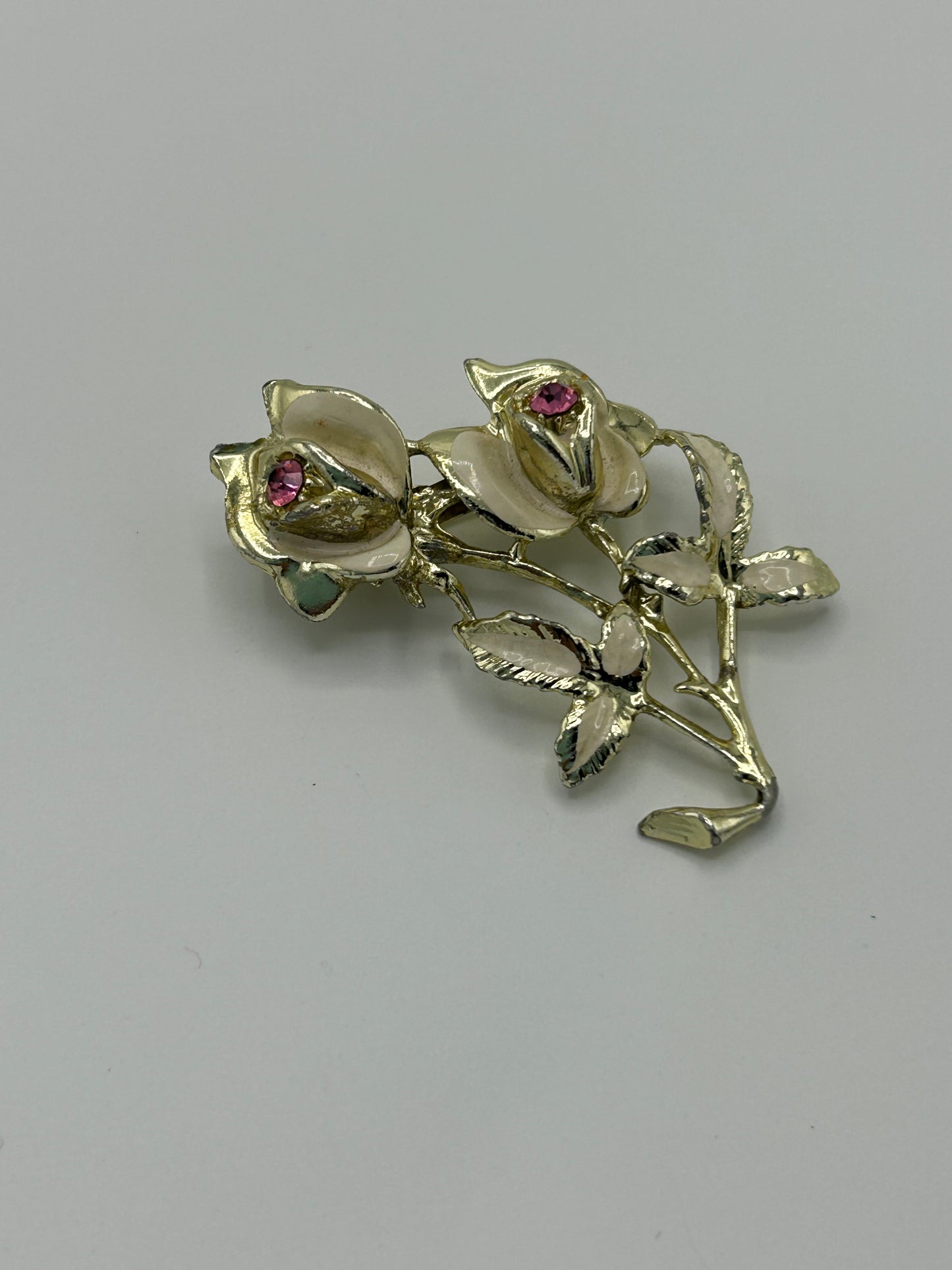 Vintage Gold Tone & Cream Enamel Pink Diamante Stone Set Flower Set Pin Brooch