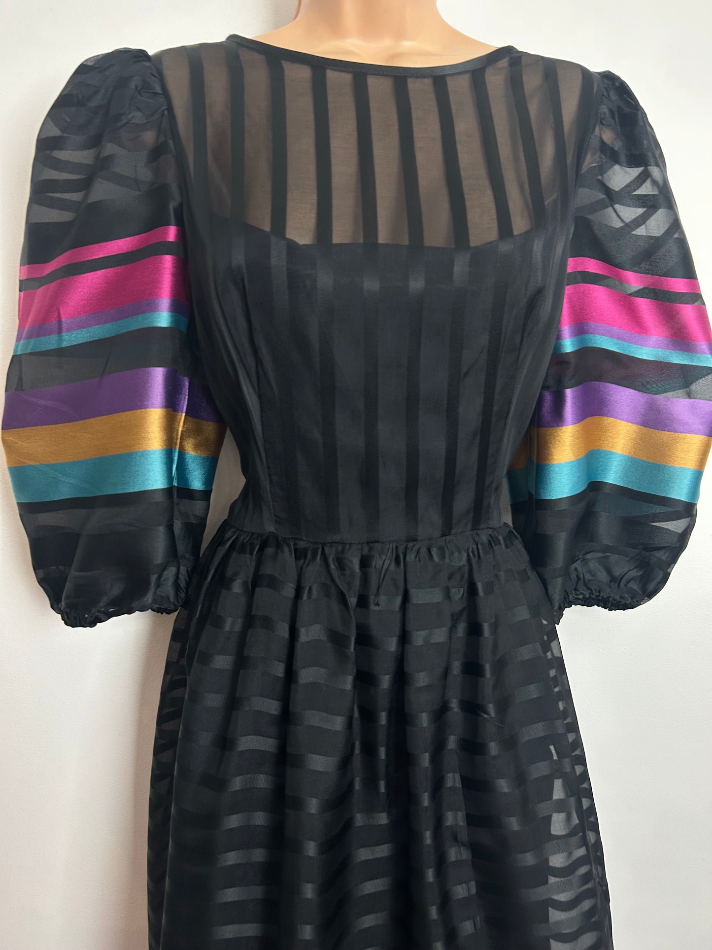 Vintage 1980s CHARADE Size 10-12 Black Blue Pink Mustard & Purple Stripe Print Maxi Dress