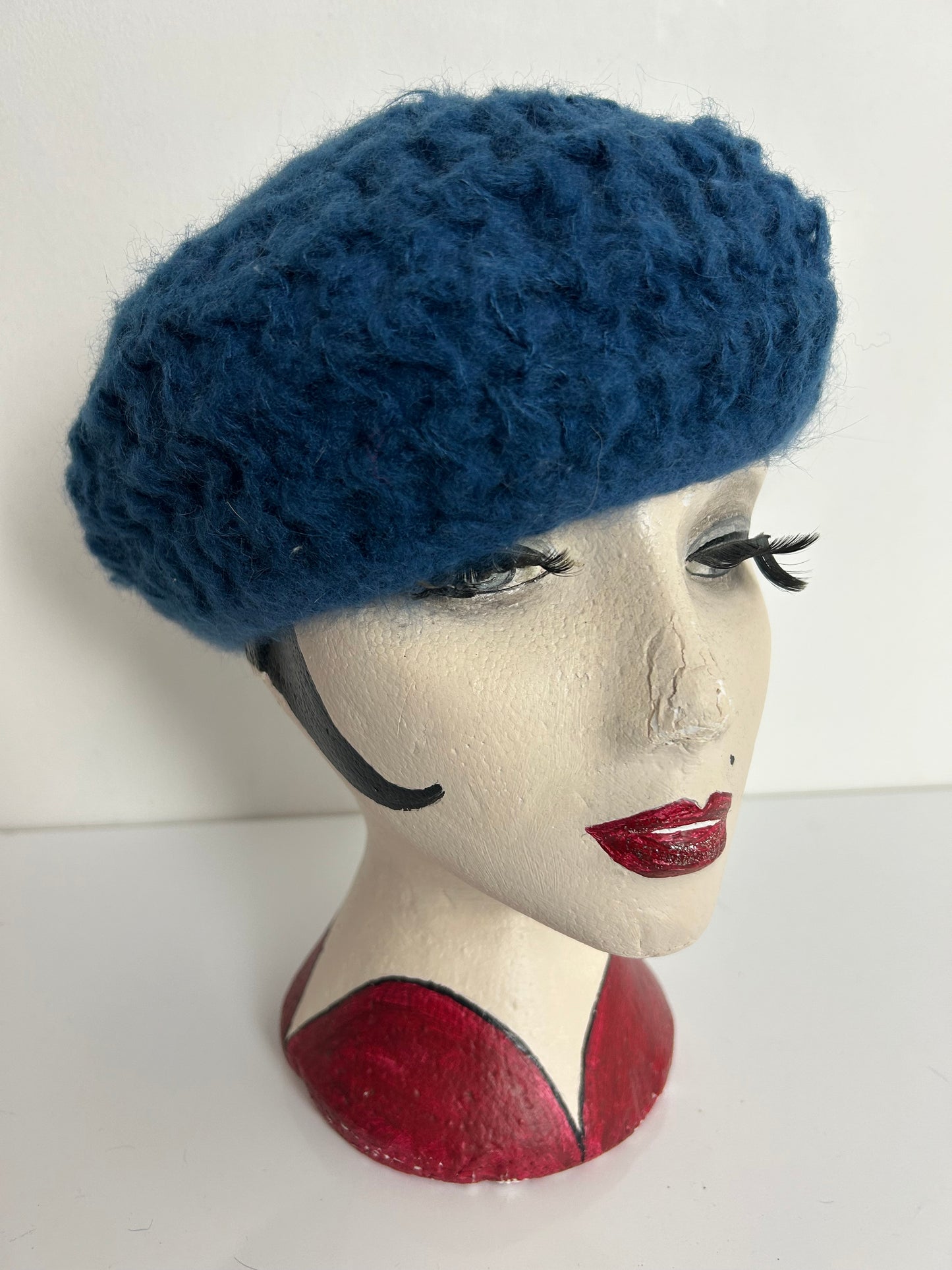 Vintage Dusky Blue Chunky Knit Wool & Angora Mix Beret Style Reversible Hat