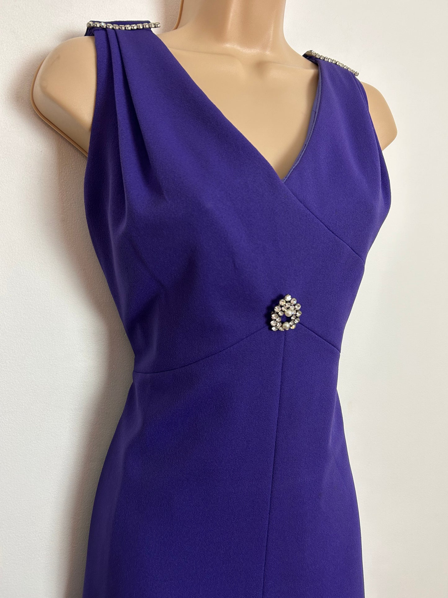 Vintage 1970s UK Size 12 Purple Diamante Shoulder & Brooch Detail Evening Occasion Maxi Dress