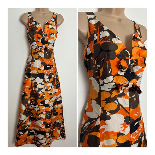 Vintage 1970s UK Size 8-10 Orange Brown & White Abstract Floral Print Notch Neck Bow Detail Maxi Dress