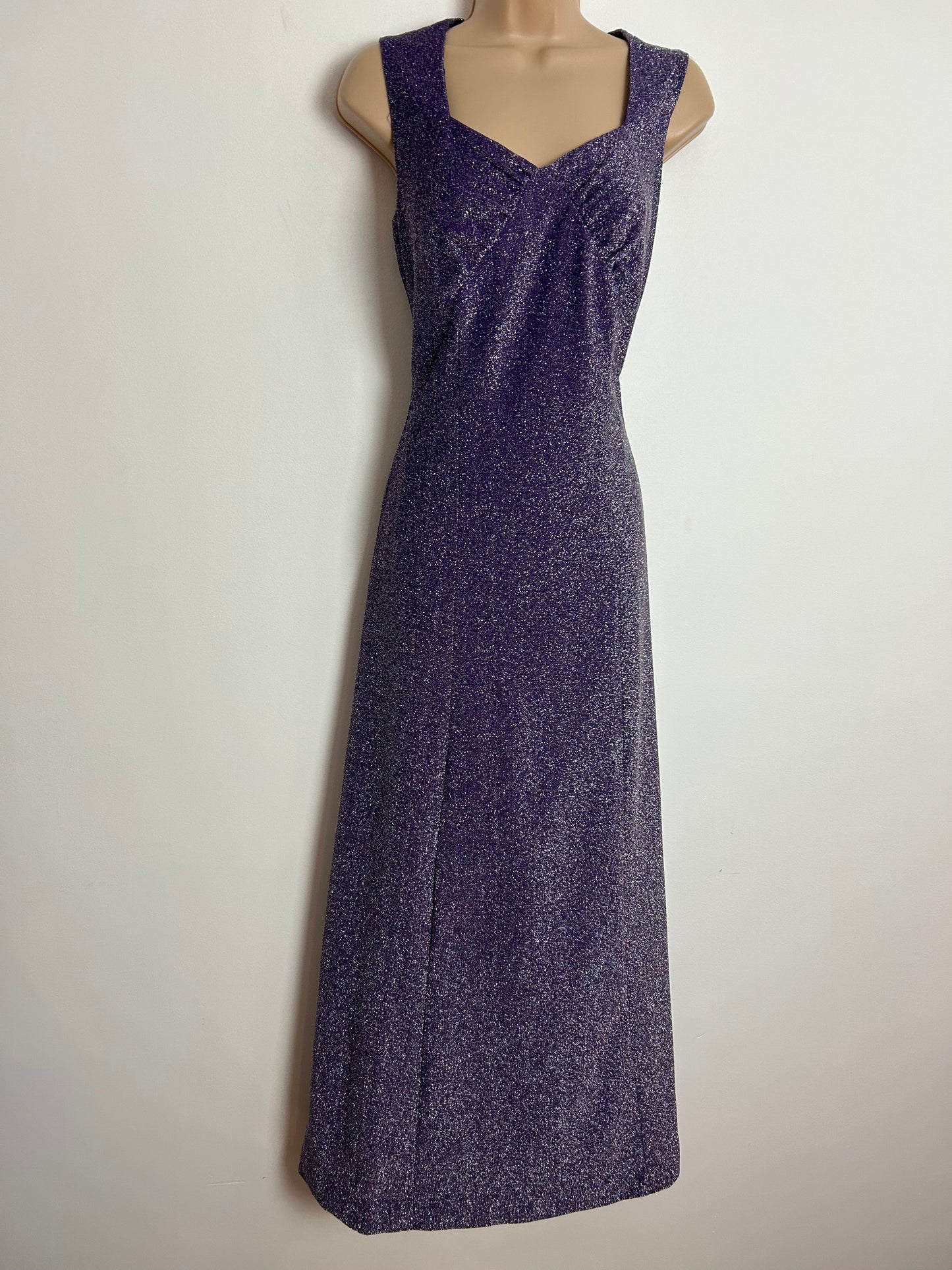 Vintage 1970s UK Size 10 Purple Glittery Sparkly Lurex Sleeveless Occasion Evening Party Maxi Dress