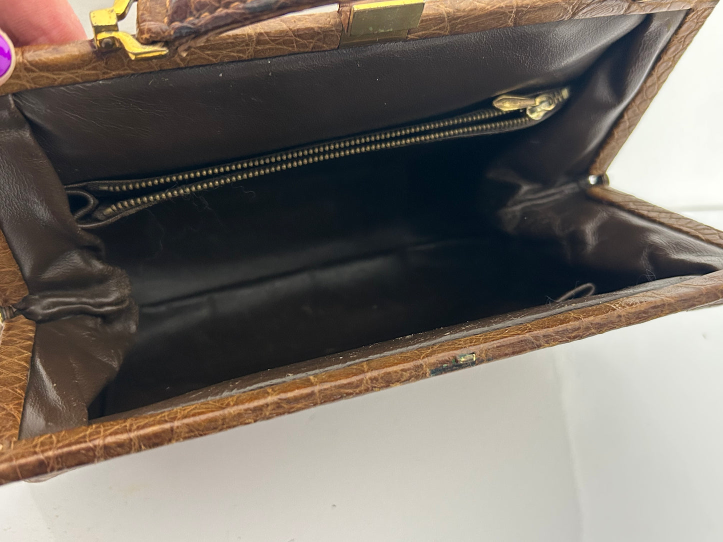 Vintage 1960s Dark Tan Brown Crocodile Leather Kelly Style Handbag