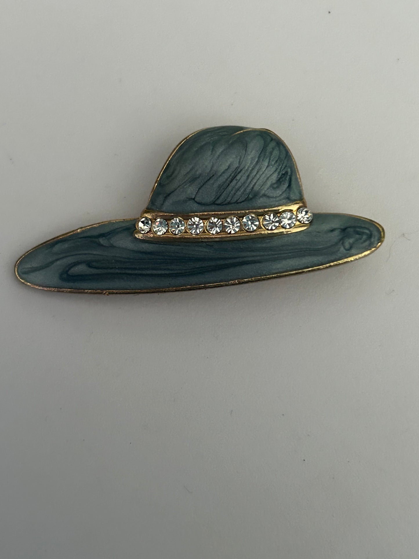 Vintage 80s Gold Tone & Blue Enamel Diamante Set Trilby Hat Pin Brooch