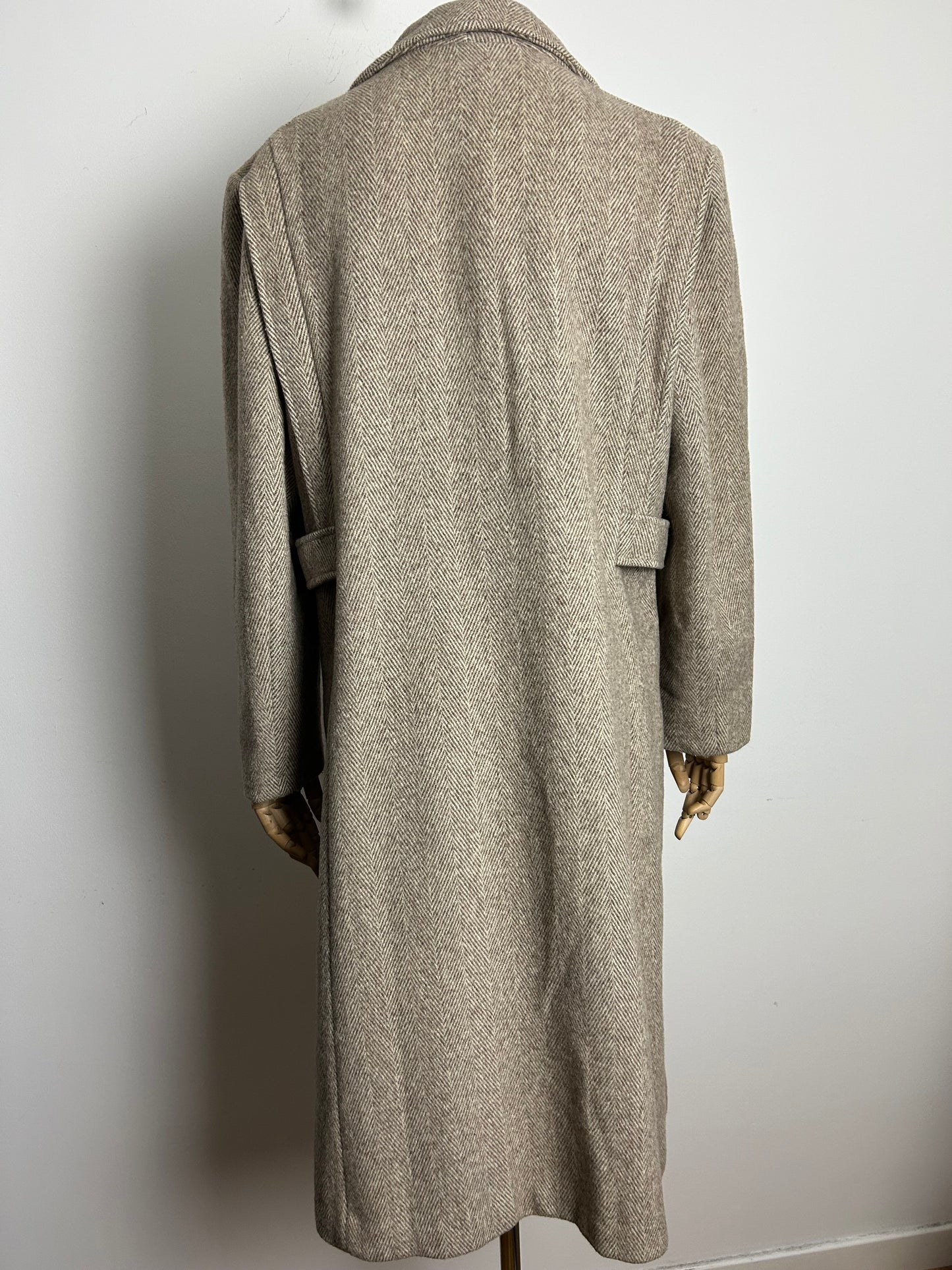 Vintage Early 1980s NOBLE FASHIONS UK Size 12-14 Beige Herringbone Pure New Wool Double Breasted Winter Coat