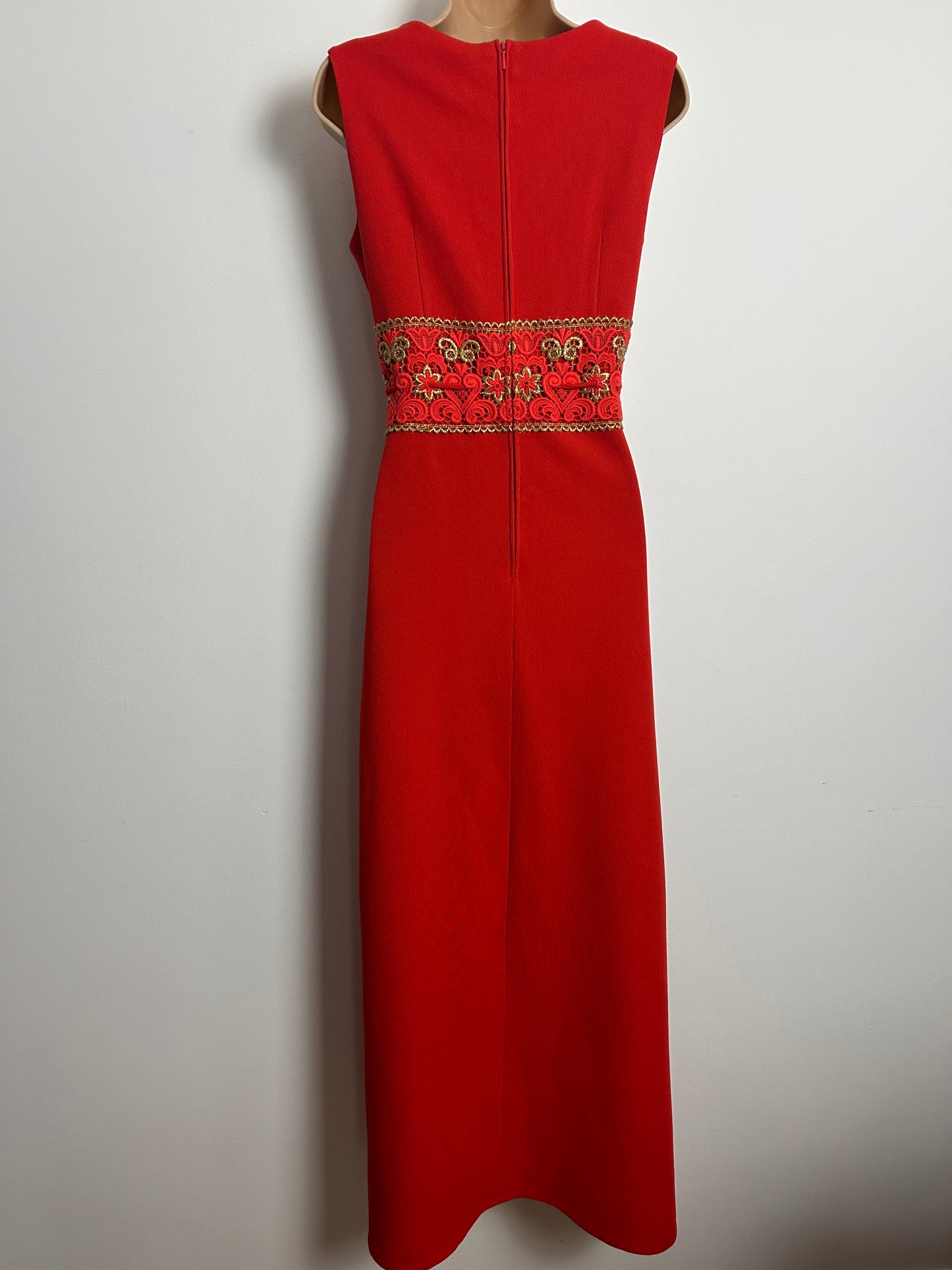 Vintage 1960s EMILIANA Size 10 Red & Gold Crimplene Lace Waist Panel Occasion Evening Maxi Dress