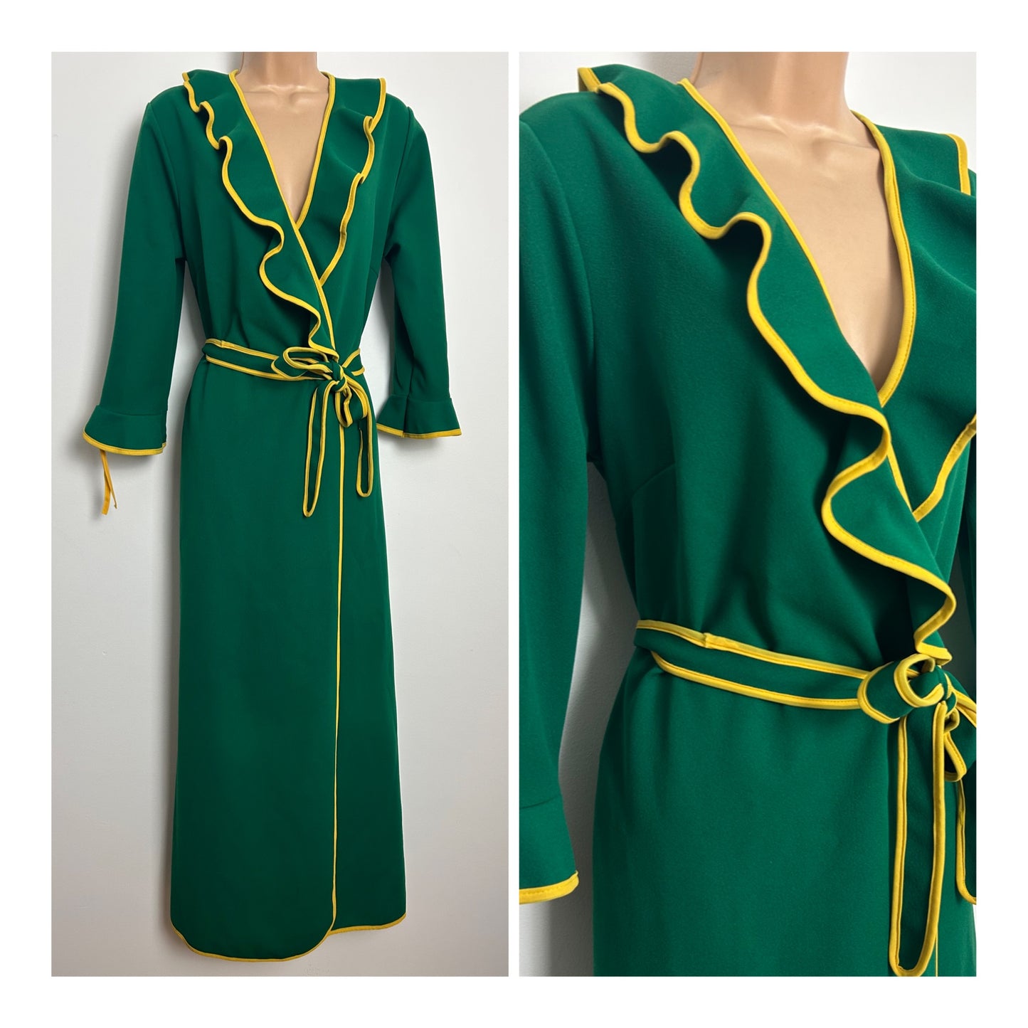 Vintage 1970s Size 14 Dark Green & Yellow Trim Ruffle Collar Flared Cuff Belted House Coat Maxi Dress Hostess Gown