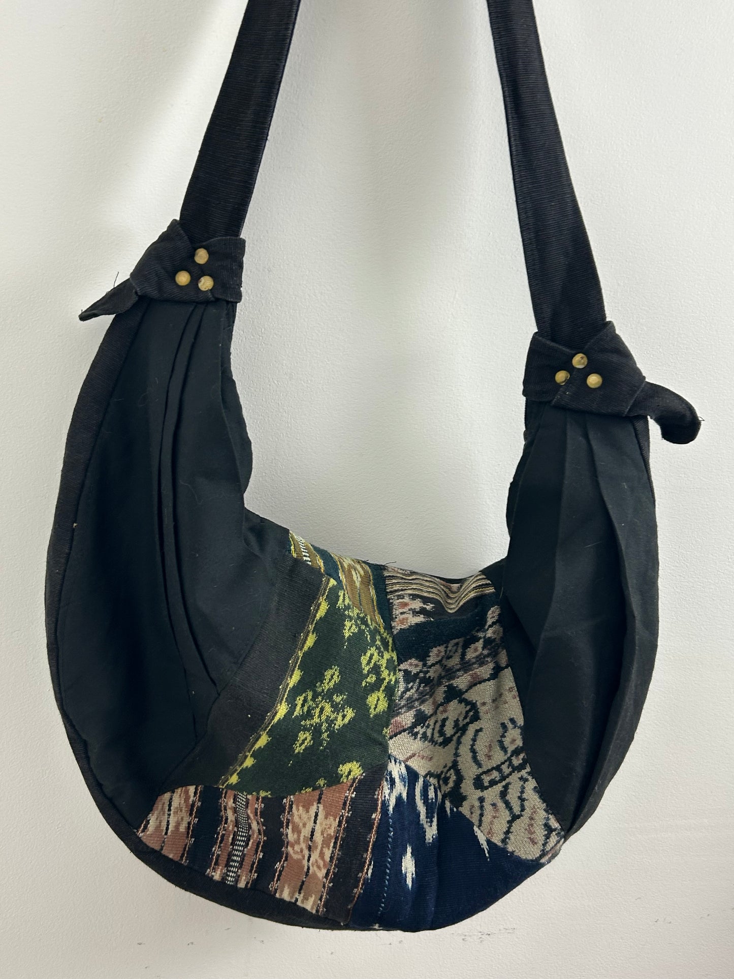 Vintage IKAT ART Collections Black Woven Tapestry 100% Cotton Boho Hippie Tote Bag