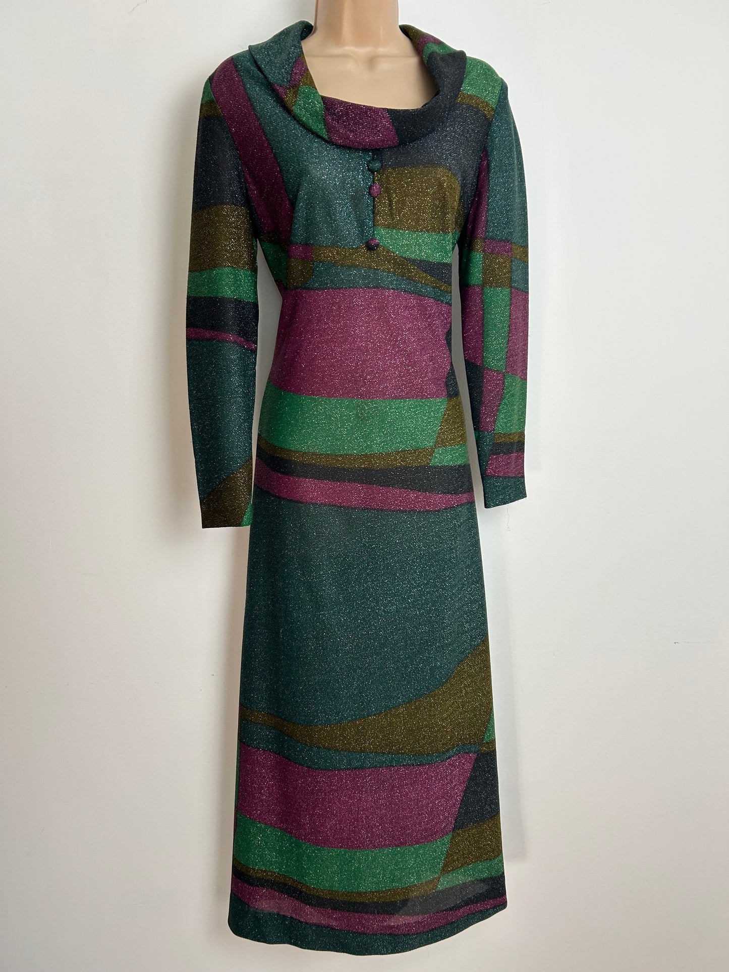 Vintage 1970s MARY WILSON Size 12 Green & Purple Stripe Lurex Long Sleeve Maxi Dress