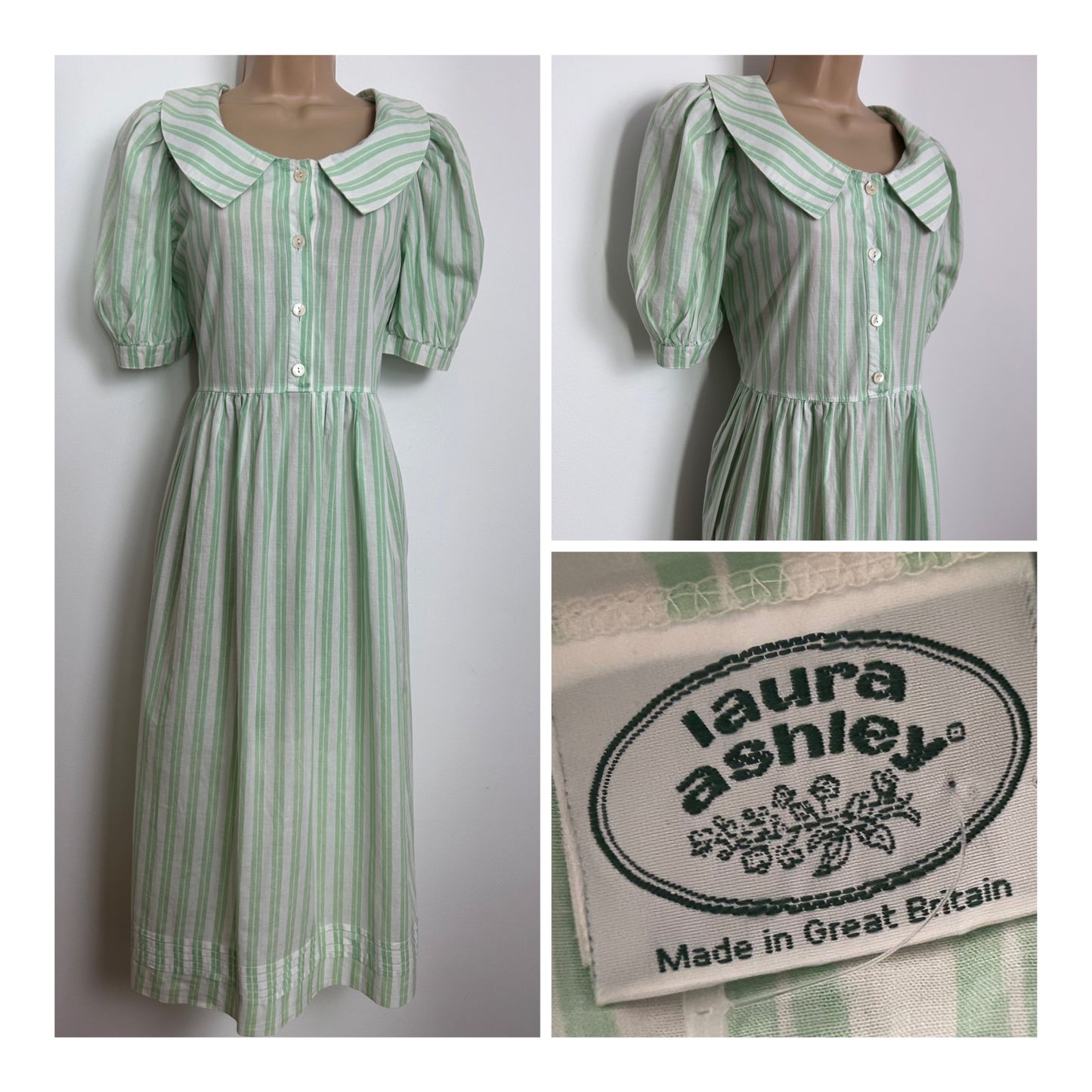 Vintage 1980s Size 12 LAURA ASHLEY Pale Green & White Stripe Print Cotton Day Dress