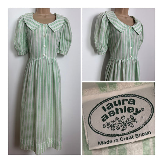 Vintage 1980s Size 12 LAURA ASHLEY Pale Green & White Stripe Print Cotton Day Dress
