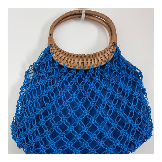 Vintage 1960s Blue Plastic String Woven Macrame Style Wooden Handle Shopping Bag