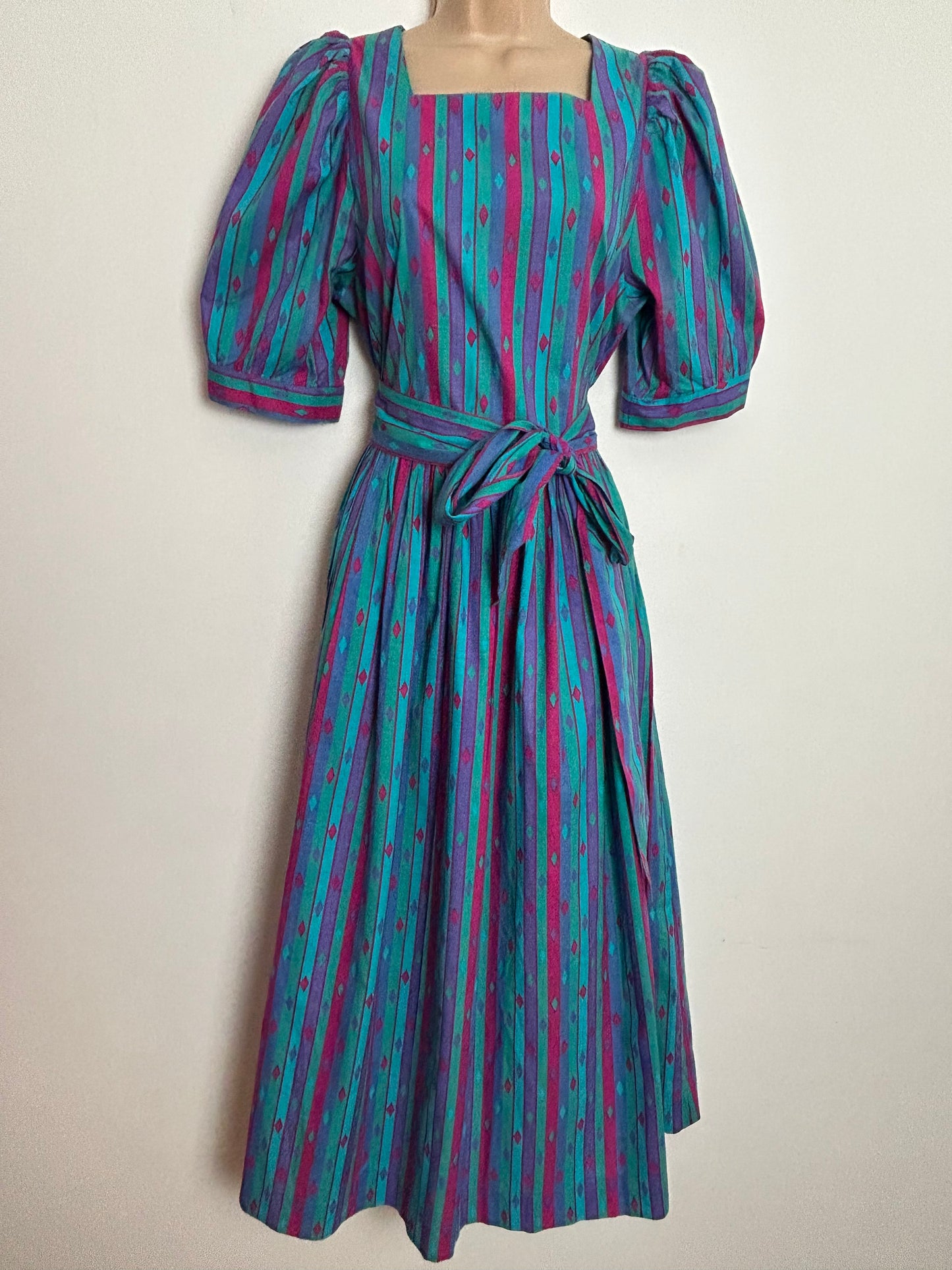 Vintage 1980s LAURA ASHLEY UK Size 12 Turquoise Purple & Pink Stripe & Diamond Print Cotton Belted Midi Dress