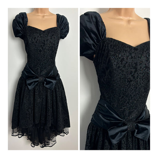 Vintage 1980s Size 12 Black Animal Print Velvet Glitter Flock Bow Detail Party Prom Dress
