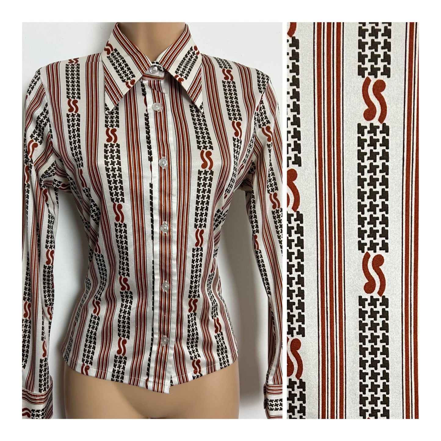 Vintage 1970s Size 10 White Brown & Rust Stripe & Dogtooth Print Dagger Collar Long Sleeve Shirt