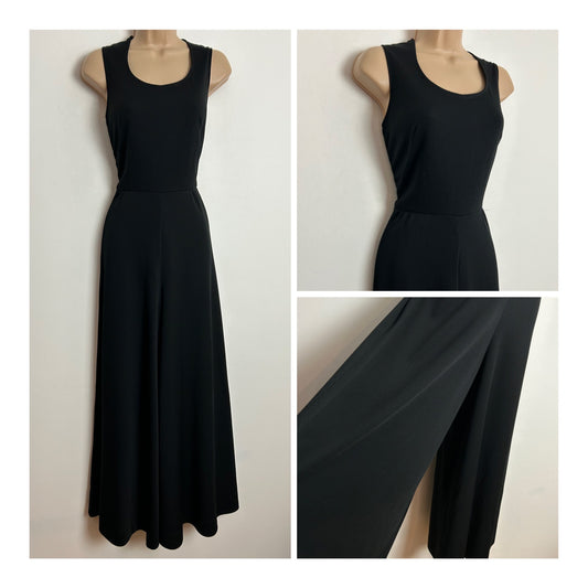 Vintage 1970s UK Size 6-8 Black Sleeveless Wide Leg Palazzo Jumpsuit