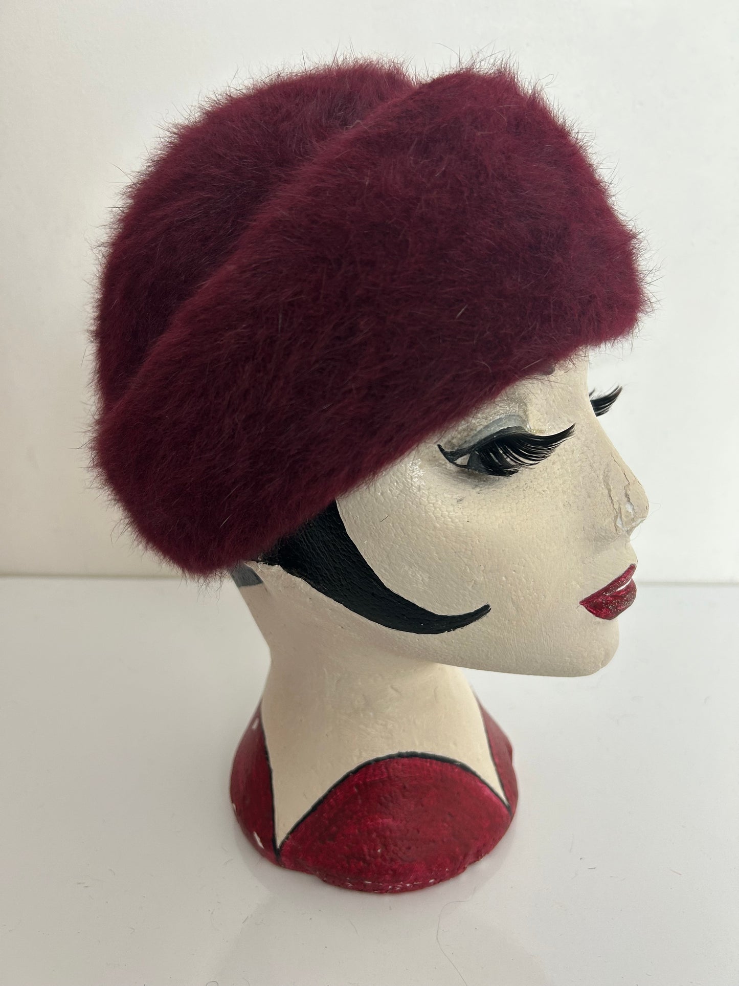 Vintage 1960s Maroon Angora Mix Pill Box Style Hat