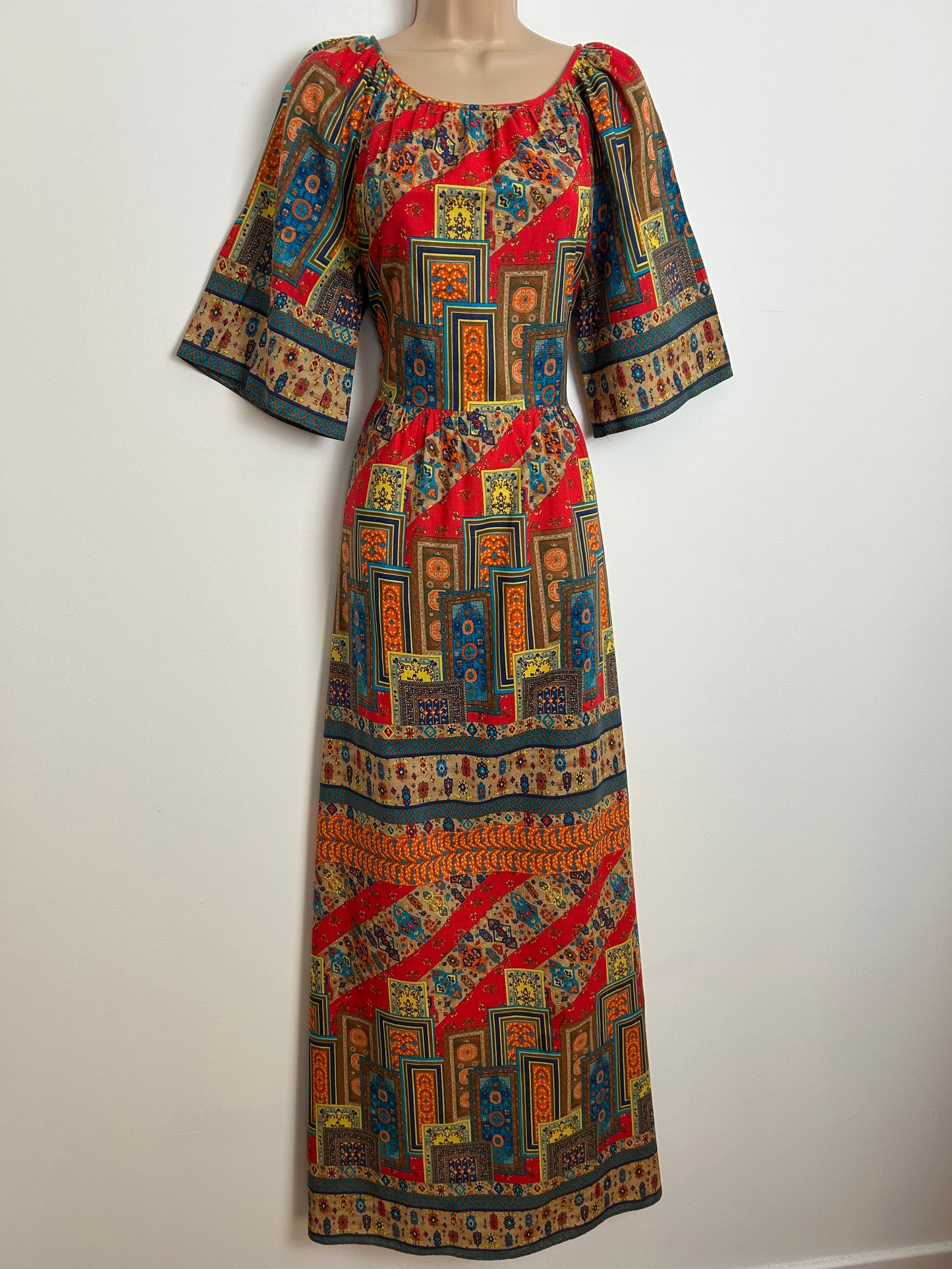 Vintage 1970s Size 8 Red Blue Beige & Orange Abstract Patchwork Type Print Cotton Short Sleeve Boho Maxi Dress