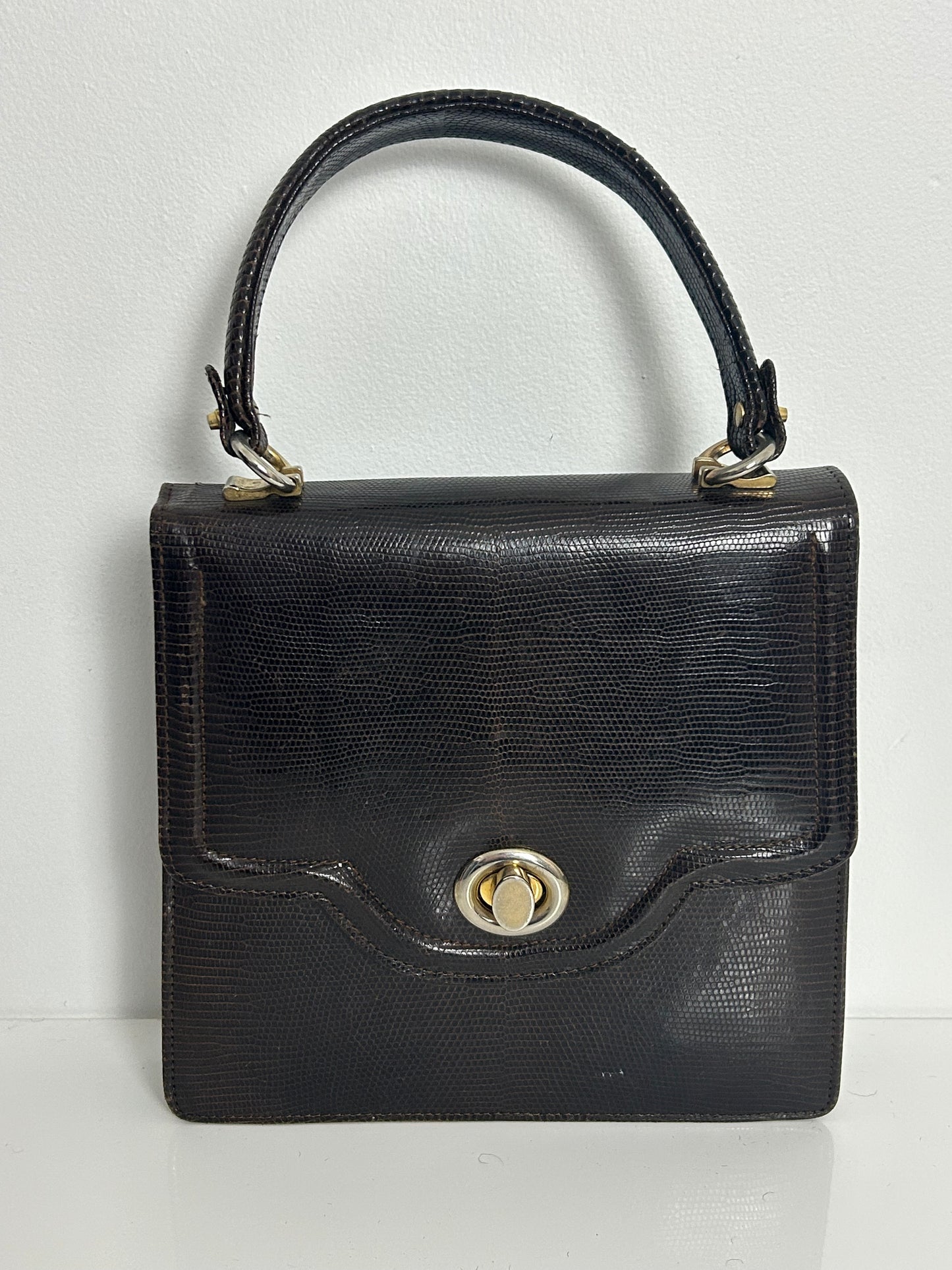Vintage 1960s Dark Brown Leather Grab Handle Kelly Style Handbag