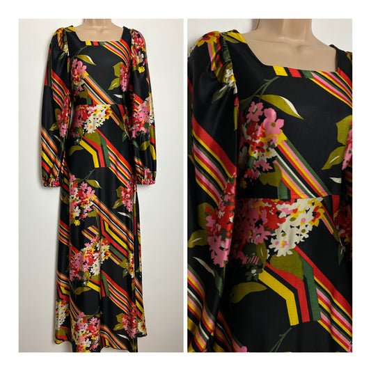 Vintage 1970s Size 8 Black Pink Red Yellow & Green Floral & Stripe Print Long Sleeve Maxi Dress