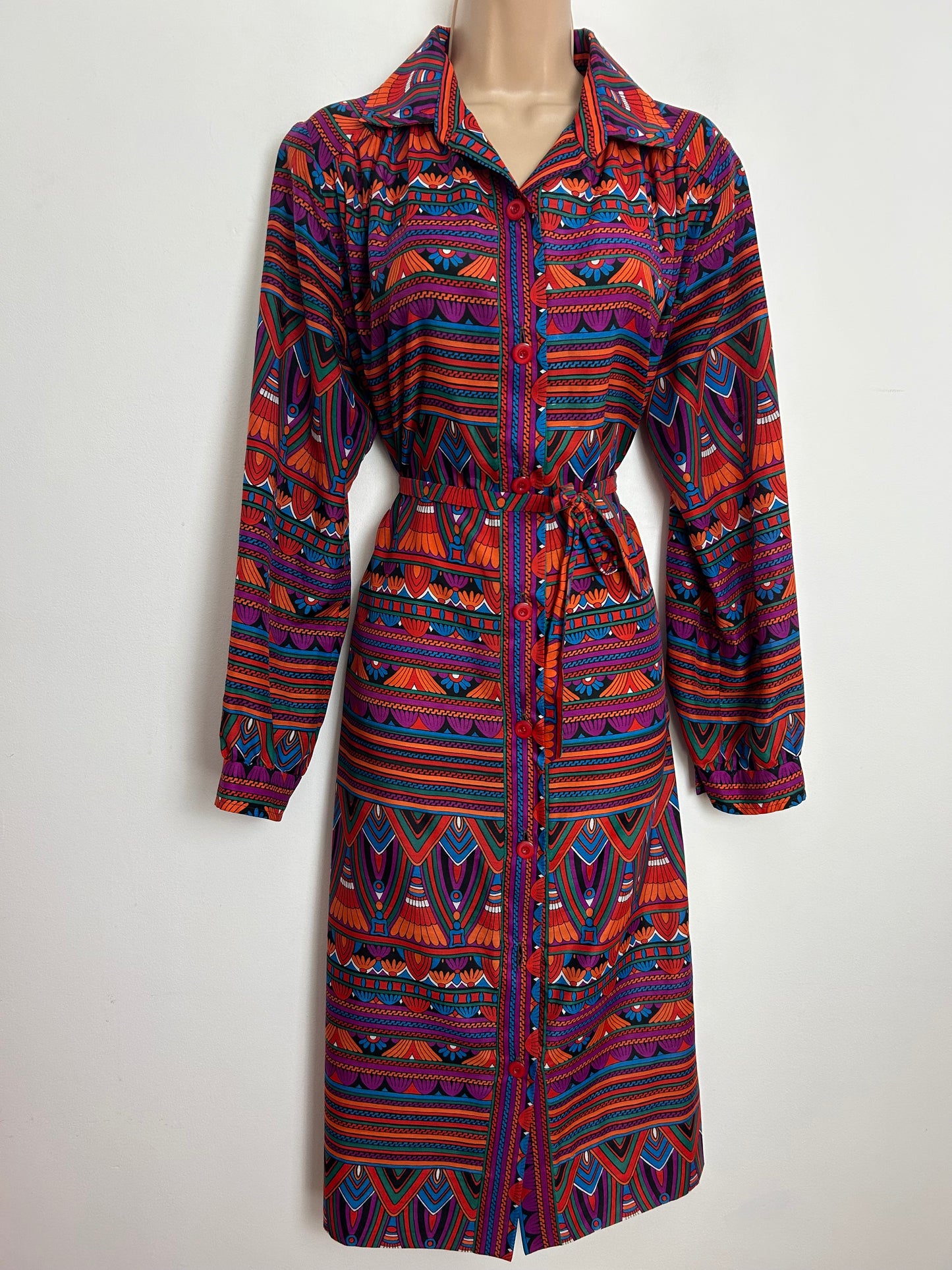 Vintage 1970s 14 Purple Orange Blue & Red Abstract Stripe Print Long Sleeve Belted Mod Dress