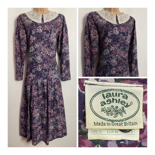 Vintage 1980s LAURA ASHLEY UK Size 10 Cotton & Wool Mix Purple Tones Floral Print Lace Collar Day Dress