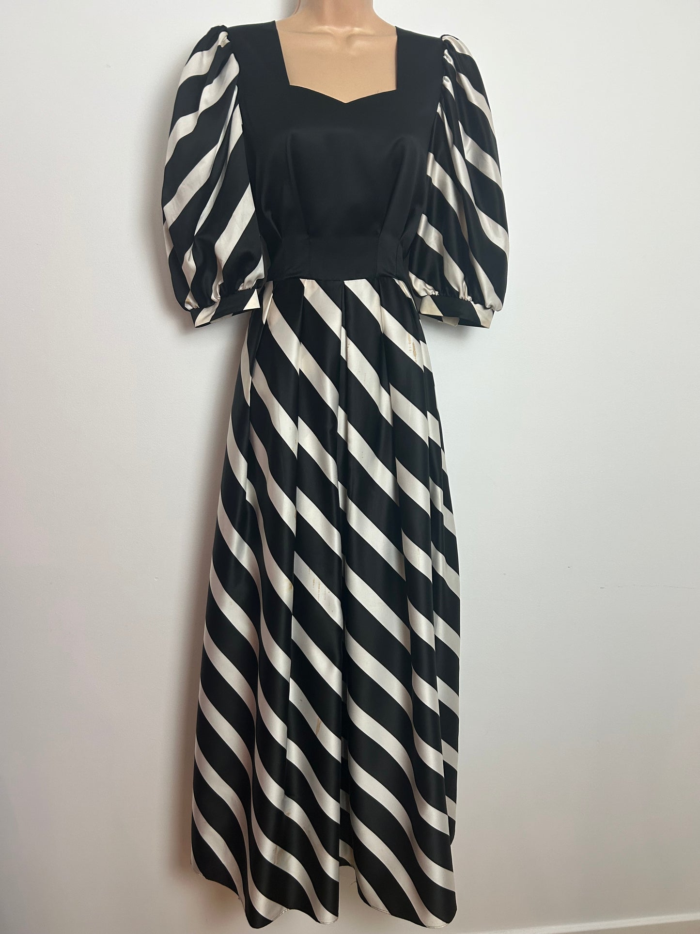 Vintage Early 1980s REBER Size 8 Black & White Stripe Mid Sleeves Occasion Maxi Dress