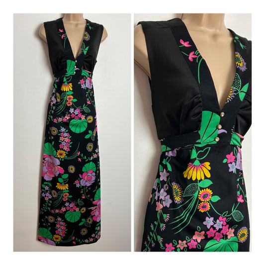 Vintage 1970s UK Size 12 Black Green Pink & Lilac Floral Print Sleeveless Tie Back Maxi Dress