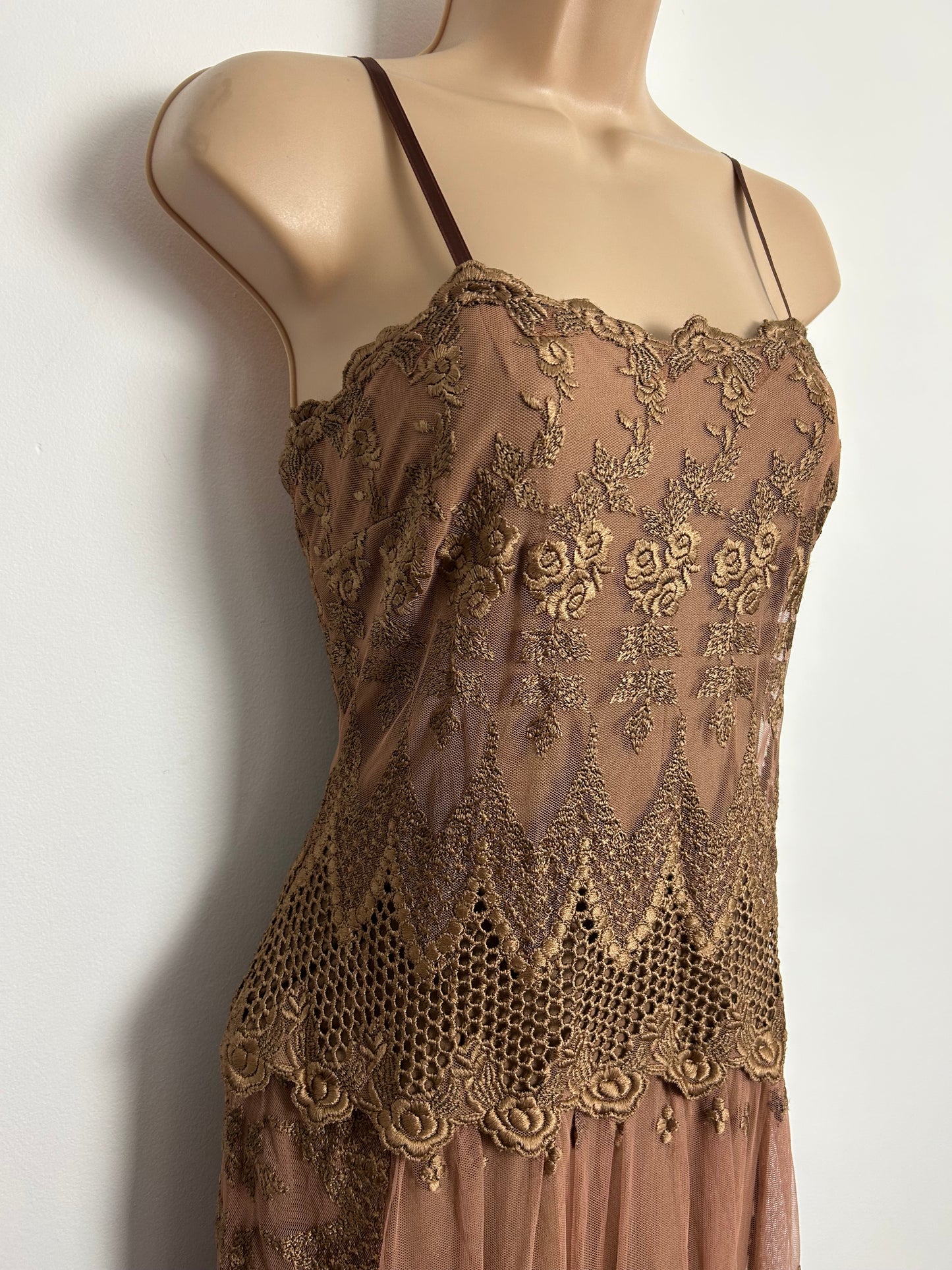 Vintage Late 1970s FRANK USHER Size 10 Beautiful Brown Lace Occasion Evening Gown