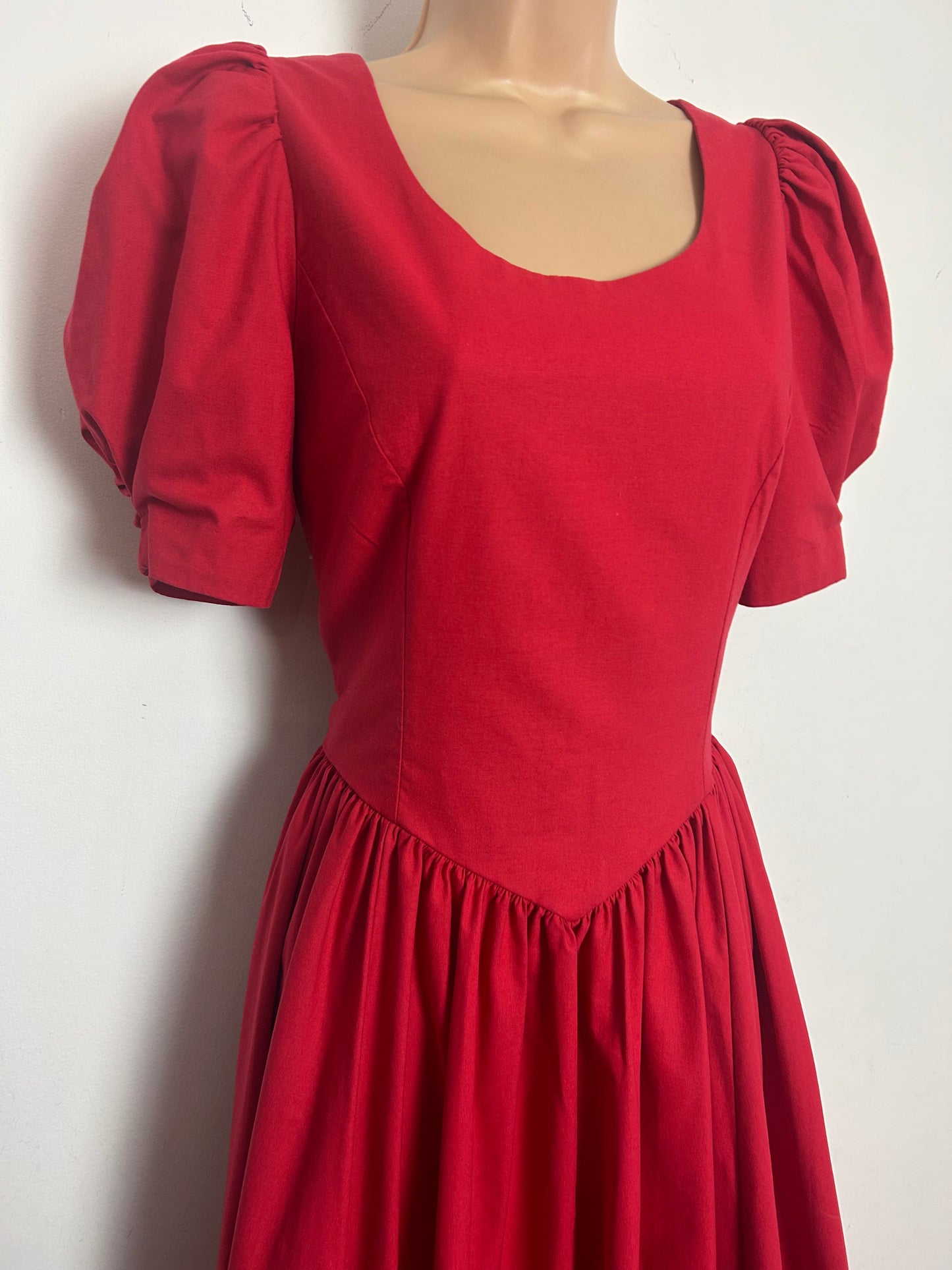 Vintage 1980s LAURA ASHLEY Size 10 (12 On Label) Red Open Bow Back Puff Sleeve Midi Occasion Gown