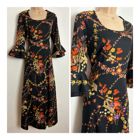 Vintage 1970s UK Size 14-16 Black Orange & Brown Tones Floral Print Flared Cuff Maxi Dress