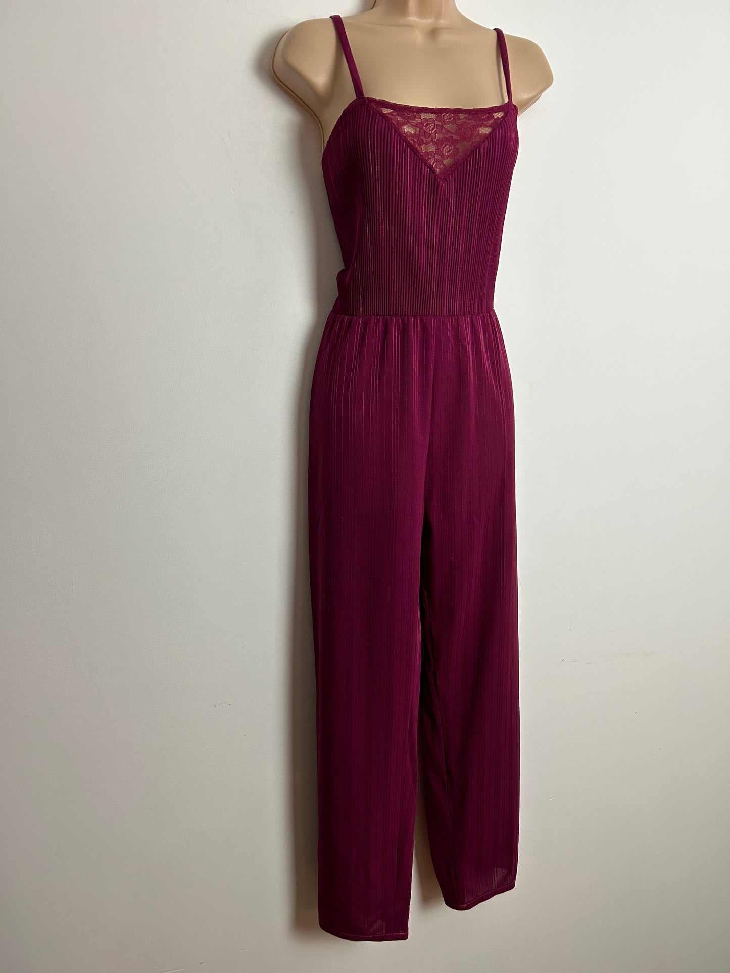 Vintage 1980s INKA MODELL UK Size 14-16 Maroon Plisse Pleated Stripe Lace Trim Jumpsuit & Matching Jacket