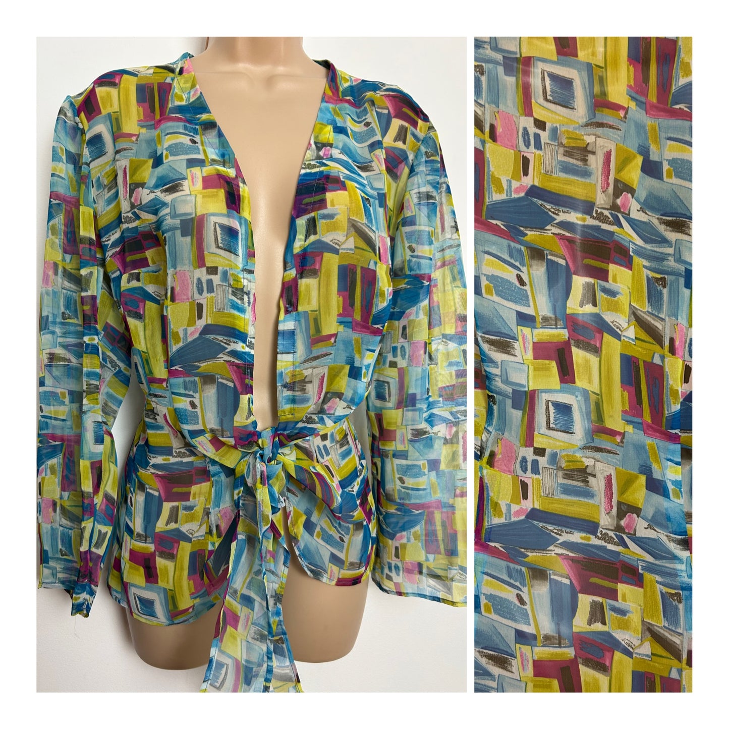 Vintage 1980s Size 12 Blue Pink & Yellowy Green Abstract Print Semi Sheer Tie Front Cover Up Top