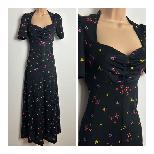 Vintage 1970s Size 6-8 Black Red Yellow & Pink Ditsy Floral Short Sleeve Tie Back Maxi Dress