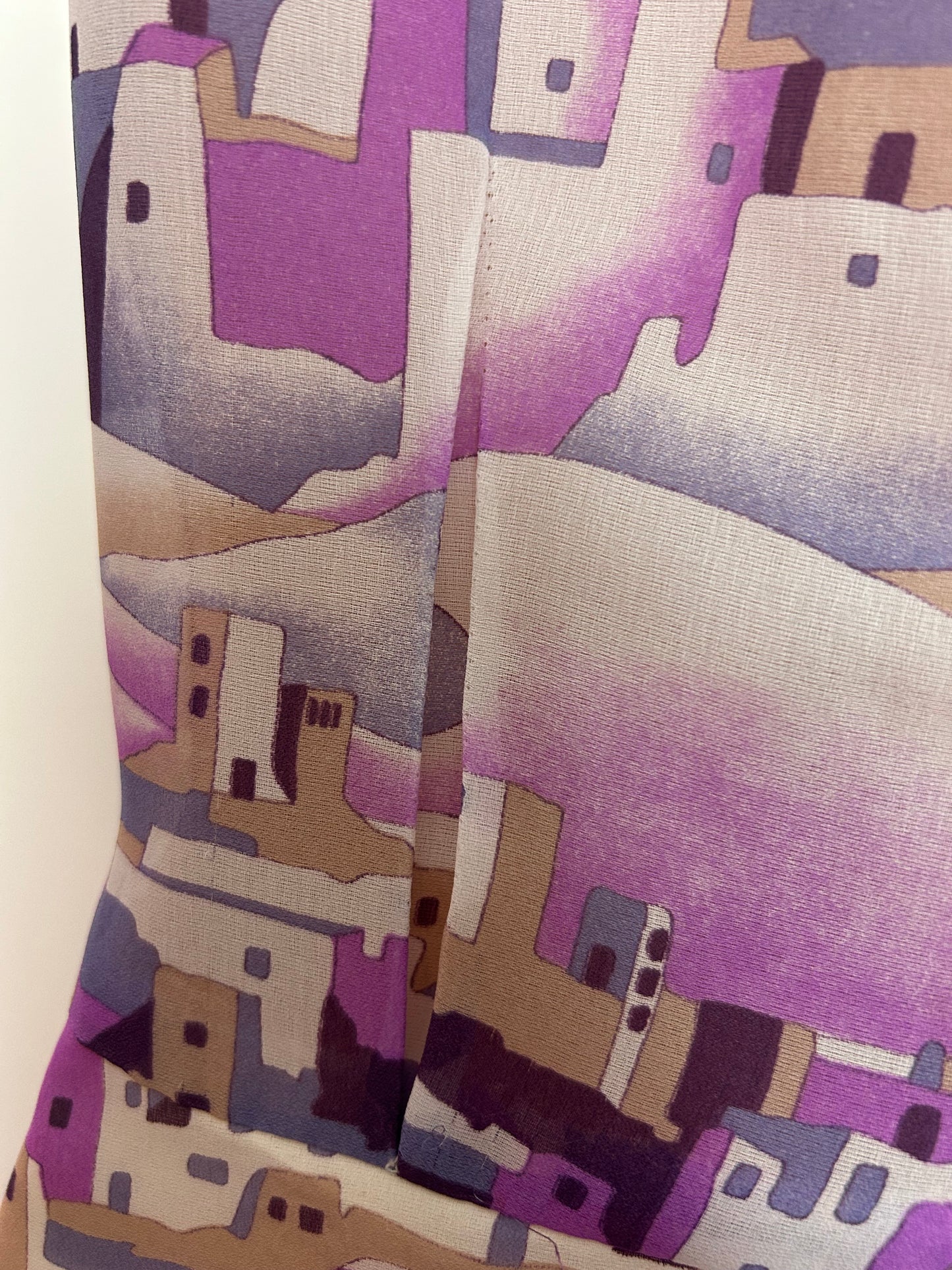 Vintage 1970s Size 8 White Pink & Violet Stylised Green Village Print Chiffon Maxi Dress