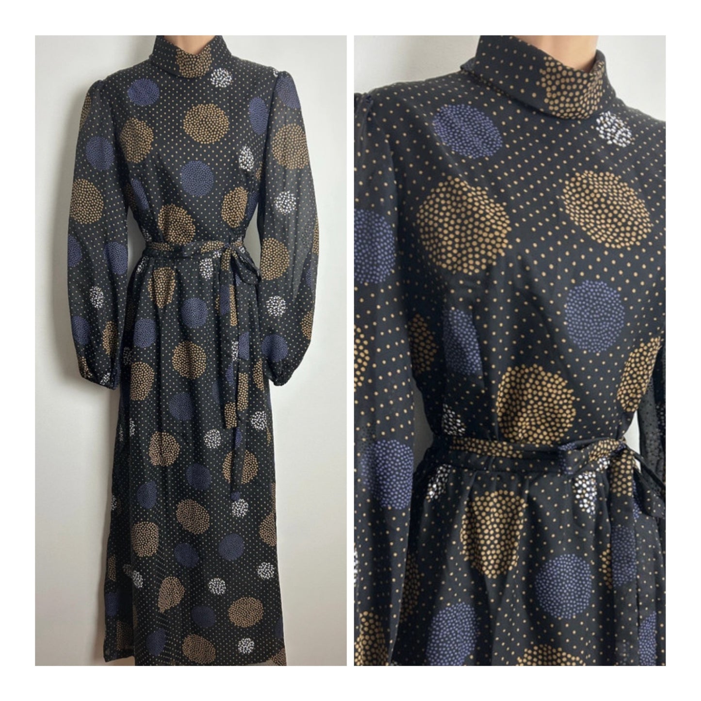 Vintage 1970s Size 12 Black Brown Purple & White Polka Dot Spotty Circle Print Belted Maxi Dress