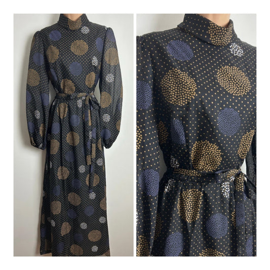 Vintage 1970s Size 12 Black Brown Purple & White Polka Dot Spotty Circle Print Belted Maxi Dress