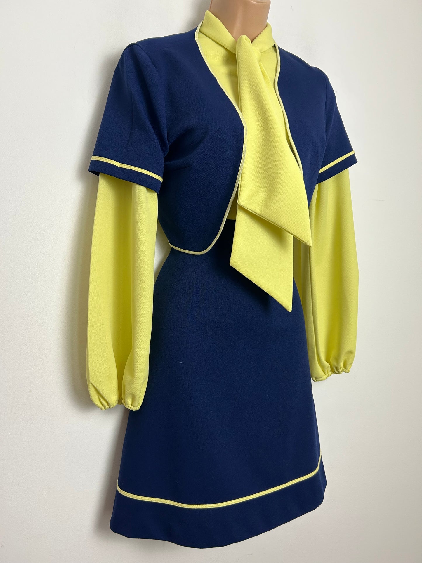 Vintage 1960s Size 8 Navy Blue & Yellow Scarf Neck Long Sleeve Mod Dress & Matching Jacket